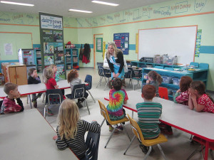 Oregon Dairy Princess Emma Miller in classroom
